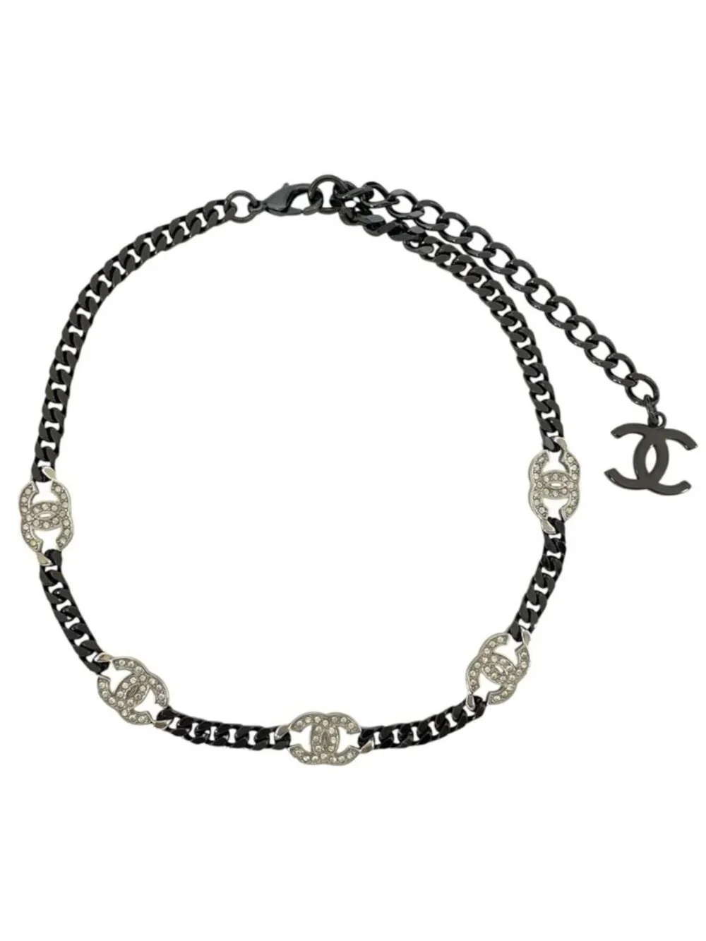 Chanel Choker Chain Pendant CC Logo Rhinestone Gunmetal Black Silver Necklace